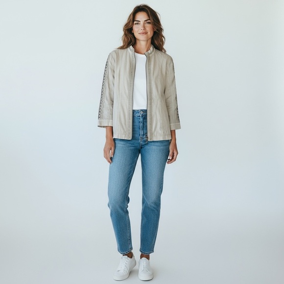 XCVI Wearables Neutral Beige Crochet Trim Sleeve Details Stretch Side Jacket S - Picture 16 of 16